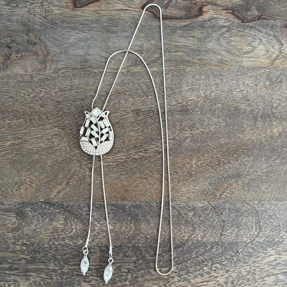 Jewel Studded Rose Adjustable Bolo Long Silver Statement Necklace